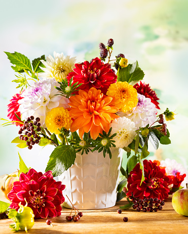 Autumn still life with garden flowers. Beautiful autumnal bouquet in vase on wooden table. Colorful dahlia, chrysanthemum and berries.