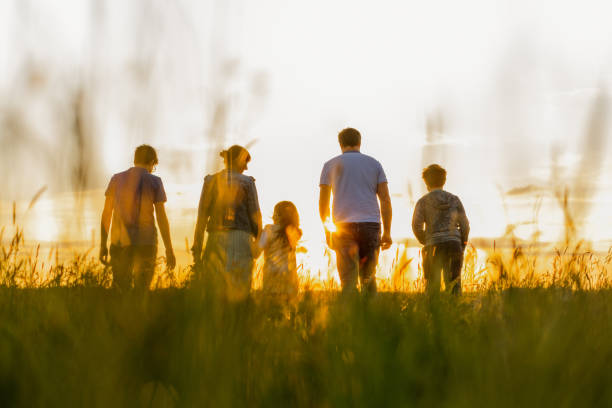 Family with three children walking on grass field Rear view of family with three children walking on grass field during sunset family holding hands stock pictures, royalty-free photos & images