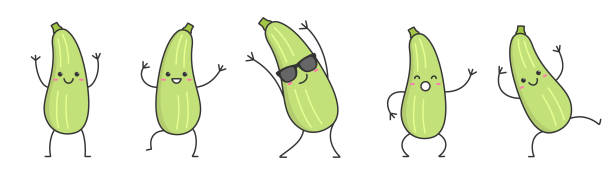 ilustrações de stock, clip art, desenhos animados e ícones de set squash character cartoon dancing face smiling vegetable marrow happy courgette emotions icon logo vector illustration. - zucchini