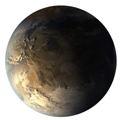 Kepler-186f, the First Earth-size Planet in the Habitable Zone. Gold super-Earth exoplanet in the constellation of Cygnus isolated on white background. Elements of this image are furnished by NASA.\n\n/nasa urls used for this collage:\nhttps://www.nasa.gov/feature/ames/kepler-occurrence-rate\n(https://www.nasa.gov/sites/default/files/thumbnails/image/kepler_1_1.jpg)\nhttps://eoimages.gsfc.nasa.gov/images/imagerecords/90000/90008/asia_vir_2016_lrg.png \n(https://earthobservatory.nasa.gov/images/90008/night-light-maps-open-up-new-applications)