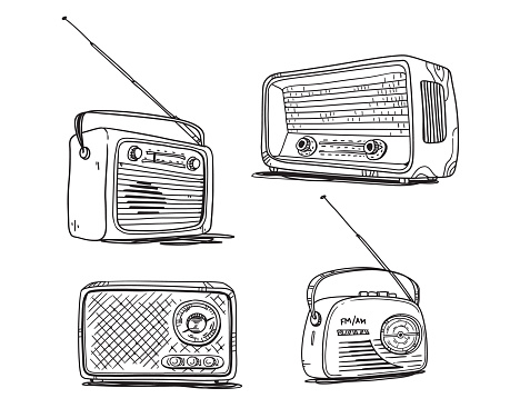 set of vintage radios, vector line drawing