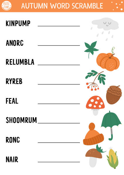 wektor jesień słowo scramble strony aktywności. gra w języku angielskim z cute dyni, grzyby, parasol dla dzieci. jesienny quiz rodzinny. prosty edukacyjny arkusz do drukowania. - scrambling stock illustrations