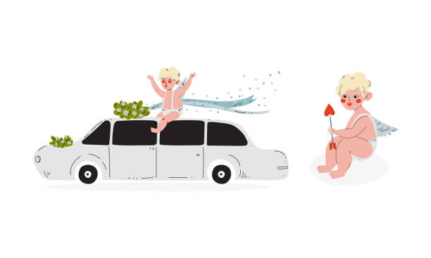 Cute Blond Cupid Boy Sitting on Limousine and Holding Arrow Vector Set Cute Blond Cupid Boy Sitting on Limousine and Holding Arrow Vector Set. Little Chubby Amor or Cherub as Winged Eros Character Concept winged cherub stock illustrations