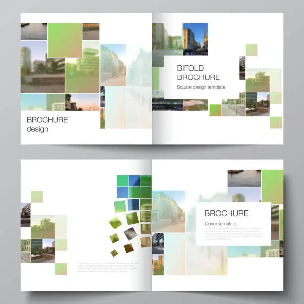Vector illustration of Vector layout of two covers templates for square design bifold brochure, flyer, magazine, cover design, book design, brochure cover. Abstract project with clipping mask green squares for your photo.