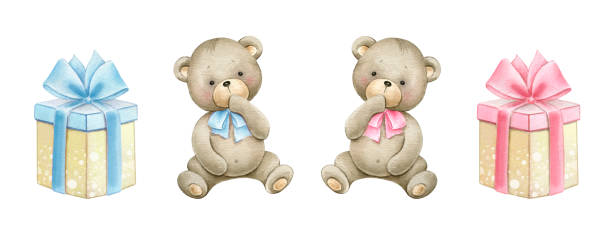 słodkie małe niedźwiedzie z pudełkami na prezenty. - bear teddy bear characters hand drawn stock illustrations