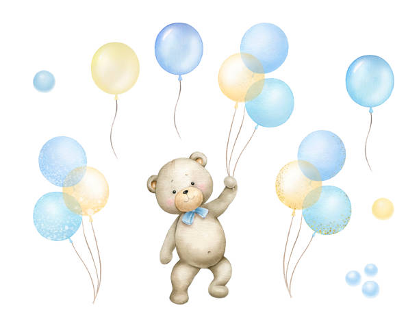 ilustraciones, imágenes clip art, dibujos animados e iconos de stock de lindos niños pequeños osos con globos de aire azules y dorados. - bear teddy bear characters hand drawn