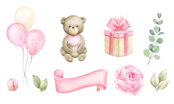 ilustraciones, imágenes clip art, dibujos animados e iconos de stock de juego de imágenes prediseñadas de niña recién nacida. - bear teddy bear characters hand drawn