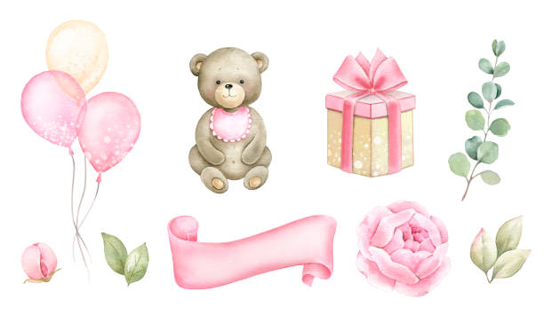 newborn baby girl clipart set. - bear teddy bear characters hand drawn stock illustrations
