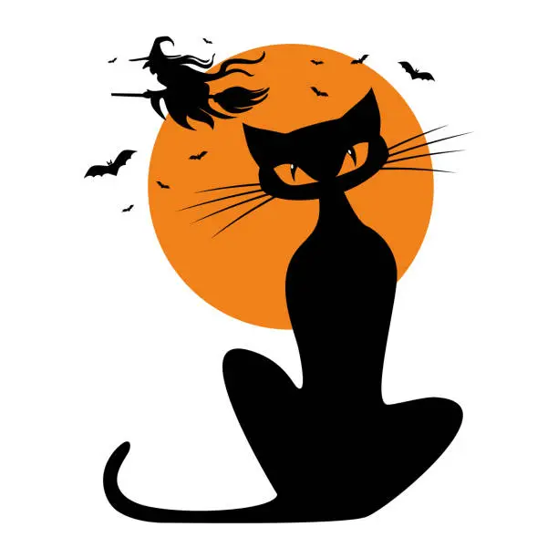Vector illustration of Halloween full moon black cat