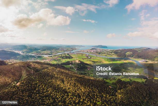 360 Degree Panoramic Taken With Drone Of The Bay Of The Asón Estuary That Connects Colindres Laredo And Santoña Through The Sea Made From The Candiano Peak In Cantabria Top Aerial View Stock Photo - Download Image Now