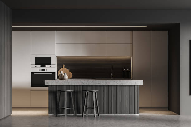 istock Gray, white and wooden kitchen interior design 1331798425