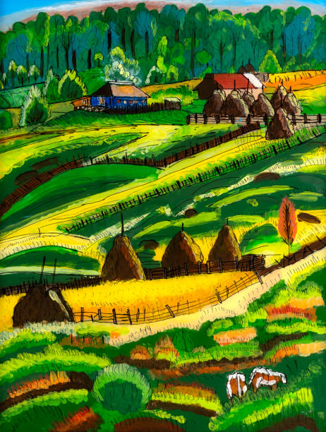 illustrations, cliparts, dessins animés et icônes de paysage agricole peinture sur verre inversé - romanian hay
