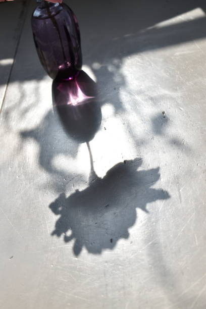 A dreamlike and romantic image of the shadow from a rose head and a glass vase. The sunlight is beeing concentrated from the purple glass of the vase - an ethereal image. concentrated solar power stock pictures, royalty-free photos & images