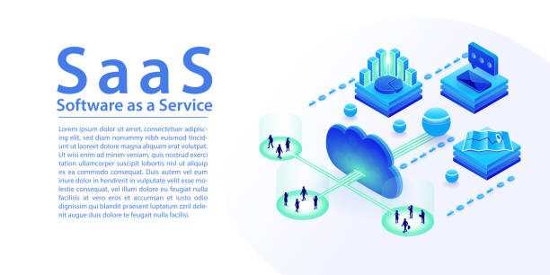 ilustrações, clipart, desenhos animados e ícones de software saas como um infográfico conceito de serviço. ilustração vetorial isométrica 3d dos serviços saas através da nuvem, como relatórios, correios, comunicação, localização. - paas