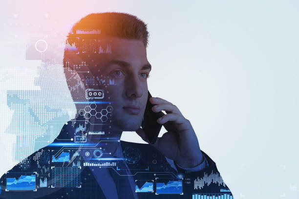istock Businessman with smartphone in hand. Earth globe with informatio 1331799993