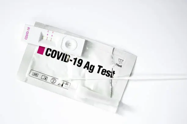 Positive Cassette rapid test for COVID-19, Test Result by Using  Novel Coronavirus COVID 19 SARS COV-2 Antigen Lateral Flow Rapid Qualitative Test Kit  white background.  Antigen Test with copy space.