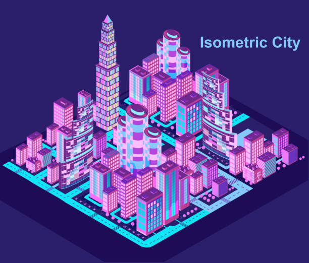 isometrischer stadtvektor. smart town mit straße, bäumen, smart city und öffentlichem park, gebäude 3d, kapital, vector büro und metropolenkonzept. - isometric office office park office building stock-grafiken, -clipart, -cartoons und -symbole