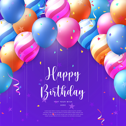 3d Realistic Elegant Vivid Vibrant Ballon And Party Popper Ribbon Happy  Birthday Celebration Card Banner Template Stock Illustration - Download  Image Now - iStock