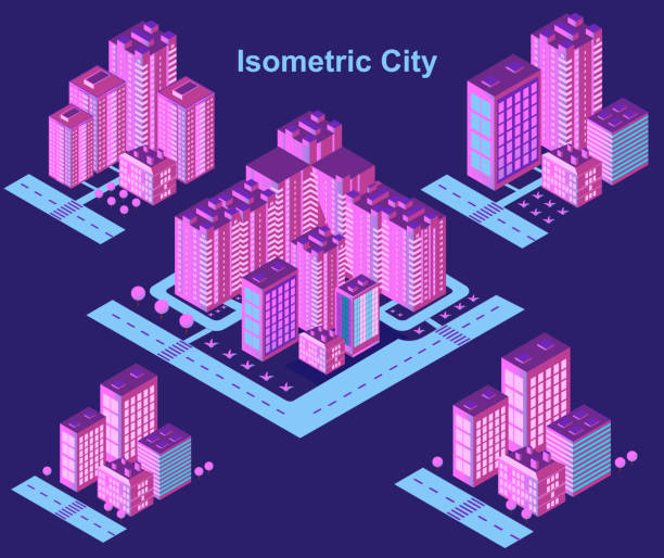 isometrischer stadtvektor. smart town mit straße, bäumen, smart city und öffentlichem park, gebäude 3d, kapital, vector büro und metropolenkonzept. - isometric office office park office building stock-grafiken, -clipart, -cartoons und -symbole