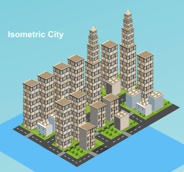 isometrischer stadtvektor. smart town mit straße, bäumen, smart city und öffentlichem park, gebäude 3d, kapital, vector büro und metropolenkonzept. - isometric office office park office building stock-grafiken, -clipart, -cartoons und -symbole