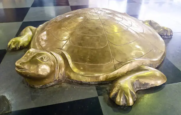 Photo of 29 February 2020, Wagdari, Maharashtra 413218. Turtle carving in copper metal in hindu temple entrance.