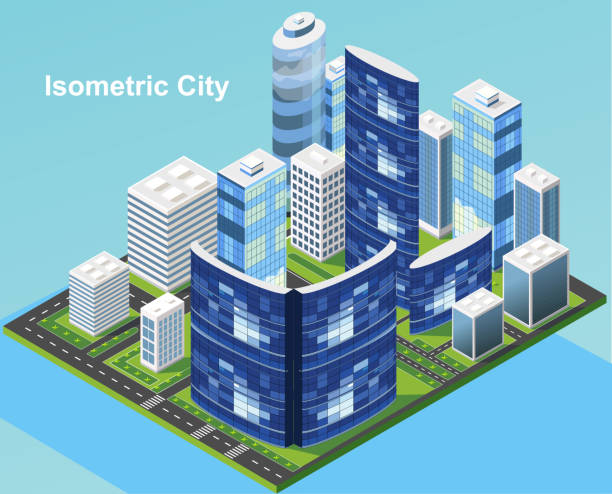 isometrischer stadtvektor. smart town mit straße, bäumen, smart city und öffentlichem park, gebäude 3d, kapital, vector büro und metropolenkonzept. - isometric office office park office building stock-grafiken, -clipart, -cartoons und -symbole