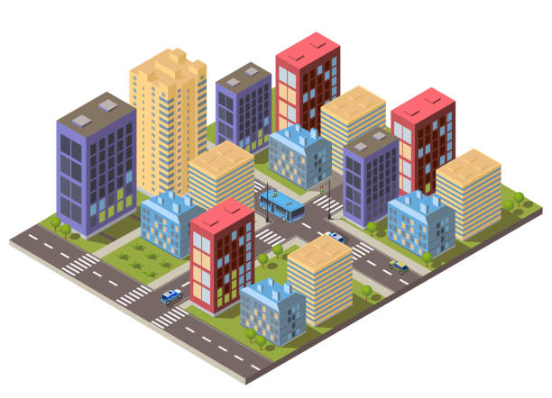 isometrischer stadtvektor. smart town mit straße, bäumen, smart city und öffentlichem park, gebäude 3d, kapital, vector büro und metropolenkonzept. - isometric office office park office building stock-grafiken, -clipart, -cartoons und -symbole