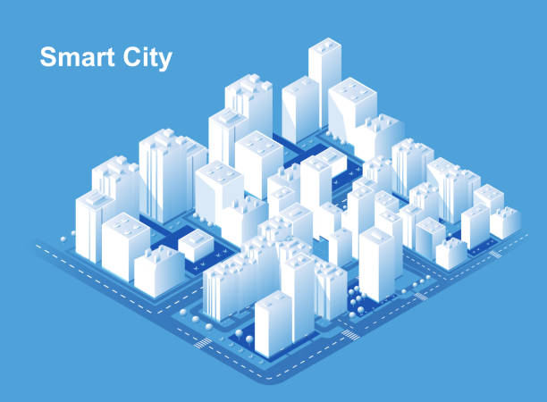isometrischer stadtvektor. smart town mit straße, bäumen, smart city und öffentlichem park, gebäude 3d, kapital, vector büro und metropolenkonzept. - isometric office office park office building stock-grafiken, -clipart, -cartoons und -symbole