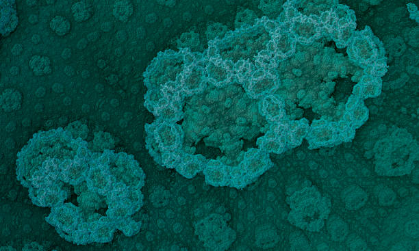 Exploration of the fractal microworld, maximum zoom. Observation of the life of bacteria. The interaction of microorganisms 3D rendering. stock photo