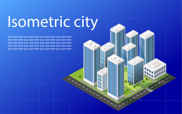 isometrischer stadtvektor. smart town mit straße, bäumen, smart city und öffentlichem park, gebäude 3d, kapital, vector büro und metropolenkonzept. - isometric office office park office building stock-grafiken, -clipart, -cartoons und -symbole