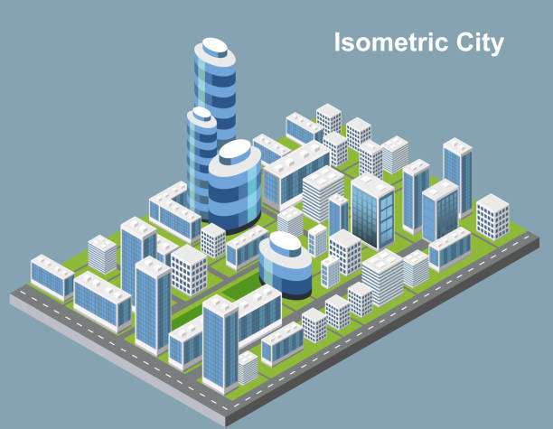 isometrischer stadtvektor. smart town mit straße, bäumen, smart city und öffentlichem park, gebäude 3d, kapital, vector büro und metropolenkonzept. - isometric office office park office building stock-grafiken, -clipart, -cartoons und -symbole