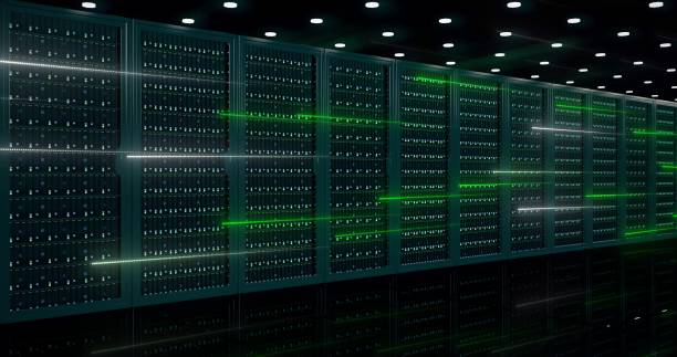 istock Powerful servers sit behind glass panels in a server room of a data center or ISP as the camera moves at an angled dolly shot, 4K 1331807187