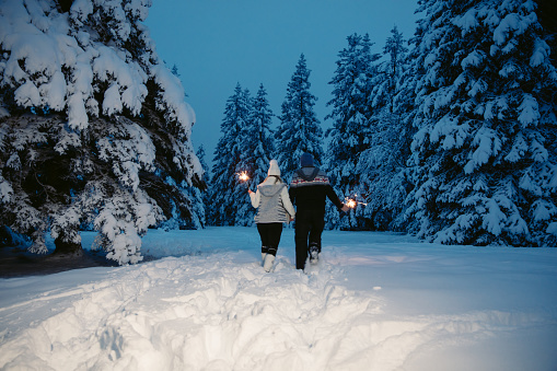 Rear view of couple walking while holding sparkler on snow covered forest