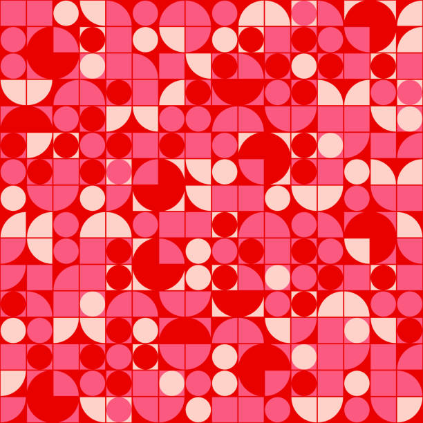 середина века современный стиль геометрический узор дизайн. ярко-розовый и красный 1970-х годов ретро бесшовный повтор паттен с геометрическ - geo stock illustrations