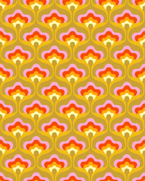 blumenmuster der 1970er jahre. retro 70s funky design mit rosa, gelben und grünen geometrischen blumen. groovy mid century modern seamless patten repeat. - flower pattern floral pattern retro revival stock-grafiken, -clipart, -cartoons und -symbole