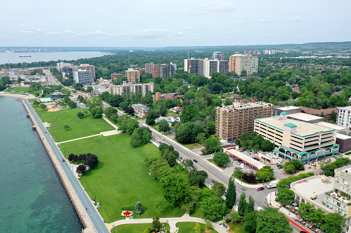 An aerial of the waterfront in Burlington, Ontario, Canada