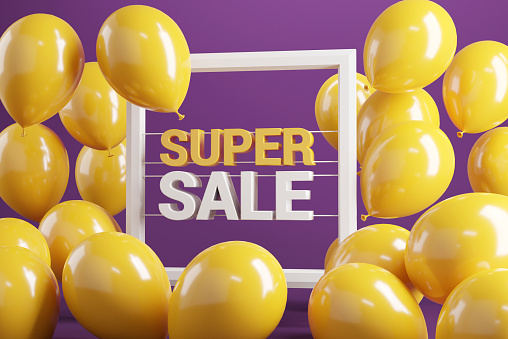 Super sale with balloon. Price discount promotion poster, 3d render