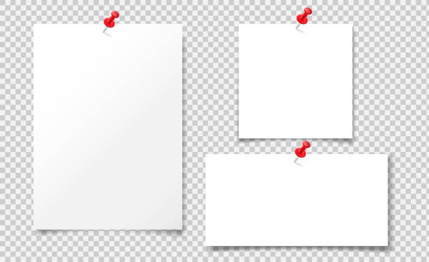 ilustraciones, imágenes clip art, dibujos animados e iconos de stock de conjunto de ilustración vectorial de una hoja de papel de álbum en blanco unida a una chincheta roja. formato de papel aislado a4 para notas, para registros. - chincheta