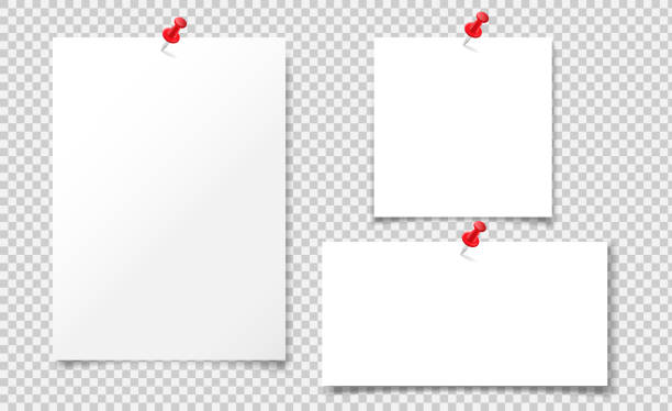 赤いプッシュピンに取り付けられた白紙のアルバム用紙のベクトルイラストのセット。ノート用の独立した用紙形式 a4、レコード用。 - bulletin board点のイラスト素材／クリップアート素材／マンガ素材／アイコン素材