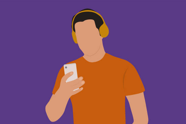 ilustraciones, imágenes clip art, dibujos animados e iconos de stock de joven con auriculares inalámbricos y escuchar música en el teléfono móvil - mobile phone telephone bluetooth men