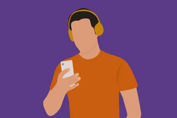 Vector illustration of Young Man Wearing Wireless Headphones And Listening Music On Mobile Phone