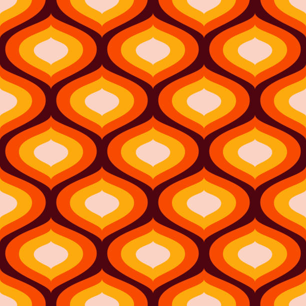 funky mod century modern geometric patten mit ogee motiven. groovy sixties und seventies seamless mod vector pattern. - pattern circle backgrounds retro revival stock-grafiken, -clipart, -cartoons und -symbole