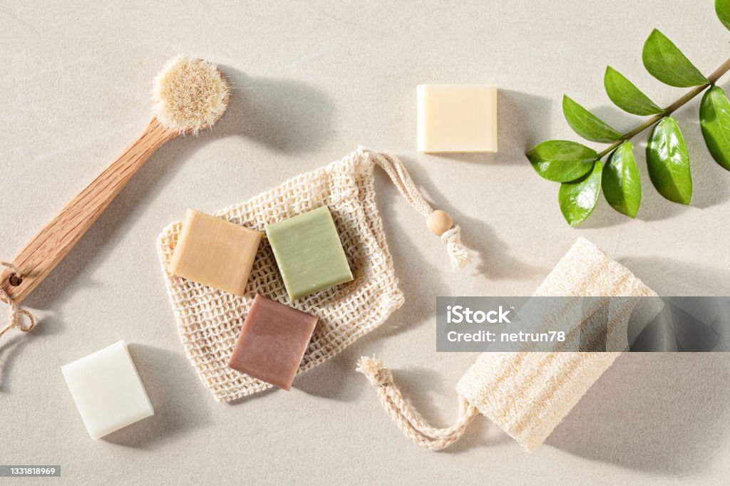 Handmade natural bar soaps. Ethical, sustainable zero waste lifestyle Handmade natural bar soaps. Ethical, sustainable zero waste lifestyle. DIY, hobby, artisan small business idea. Top view, mockup Nature Stock Photo