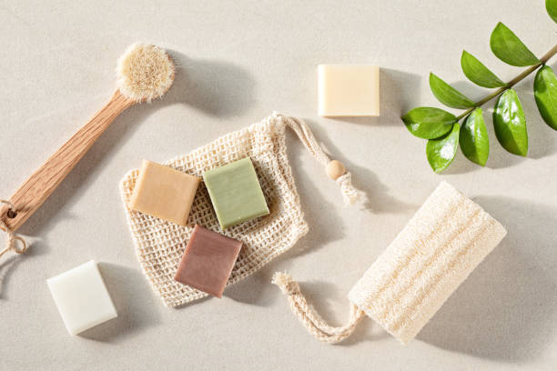 Handmade natural bar soaps. Ethical, sustainable zero waste lifestyle Handmade natural bar soaps. Ethical, sustainable zero waste lifestyle. DIY, hobby, artisan small business idea. Top view, mockup soap photos stock pictures, royalty-free photos & images