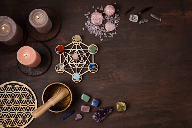 istock Healing chakra crystal grid therapy. Rituals with gemstones and aromatherapy for wellness, healing, meditation 1331819039