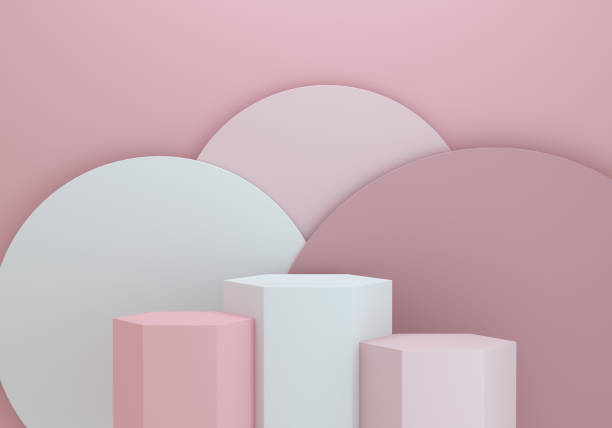 istock Hexagonal podium for product display on circles pink background for exhibition. Empty pedestal platform. 3D Rendering. 1331819944