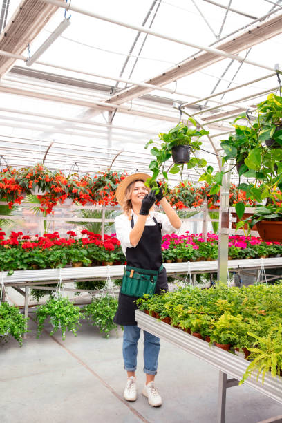istock Smiling florist in black apron working with various colorful flowers. 1331823739