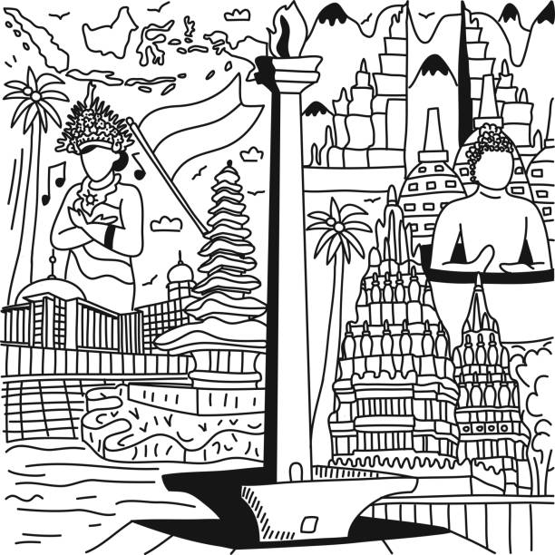ilustrasi doodle kartun terkait indonesia. vektor yang digambar tangan - indonesia culture ilustrasi stok