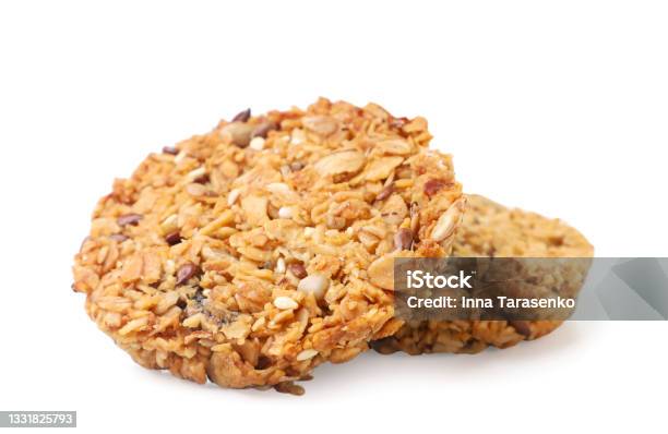 Two Granola Cookies On A White Background Isolated Stock Photo - Download Image Now