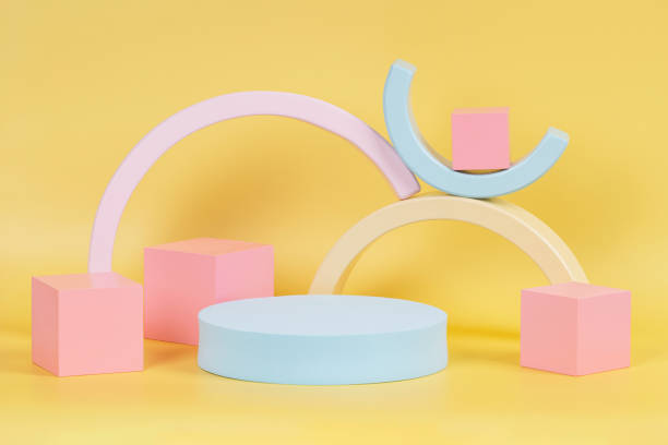istock Abstract composition with geometric shapes forms on yellow background. Exhibition podium, platform for product presentation. Front view 1331825831